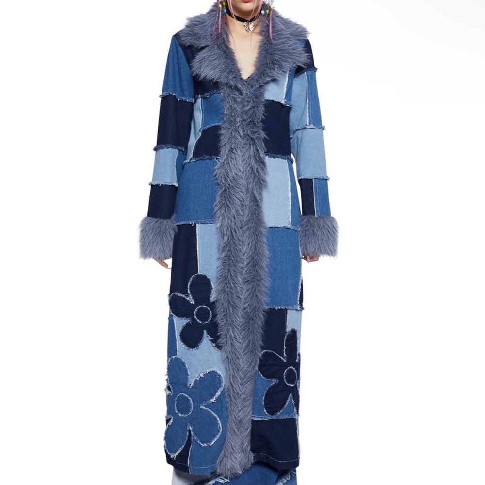 Blue Denim Color Block Floral Long Jacket
